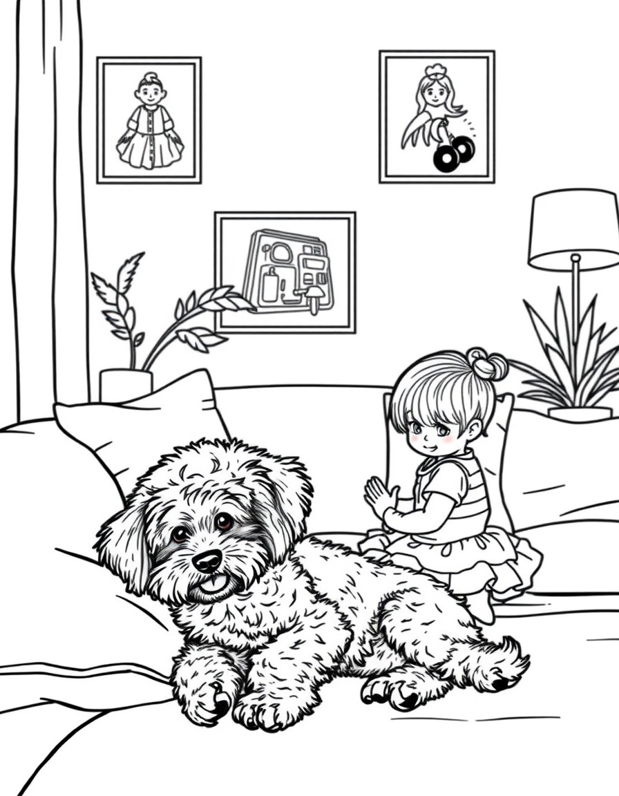 A small scruffy mini poodle laying on a couch in a cozy maximalist styled apartment. A cute 16 month old little girl slowly appraoches him out of curiosity but the poodle is worried.