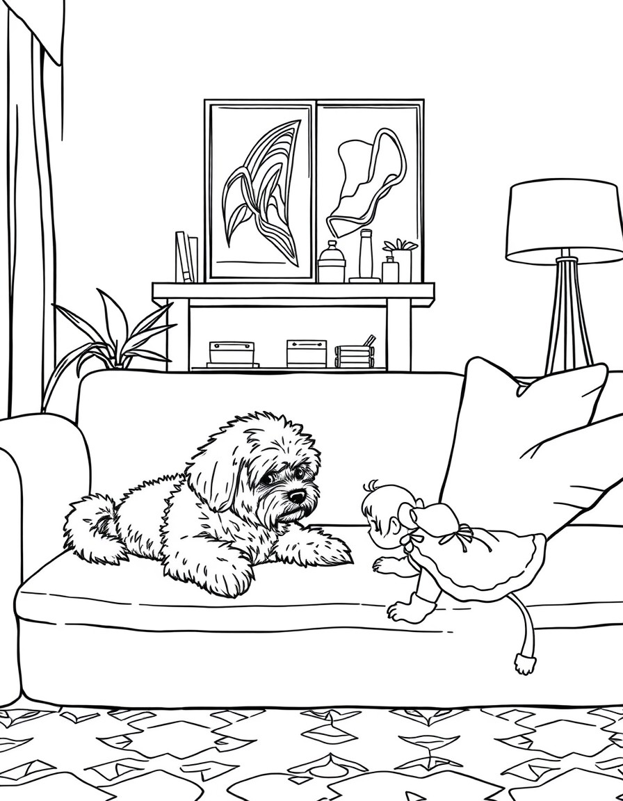 A small scruffy mini poodle laying on a couch in a cozy maximalist styled apartment. A cute 16 month old little girl slowly appraoches him out of curiosity but the poodle is worried.