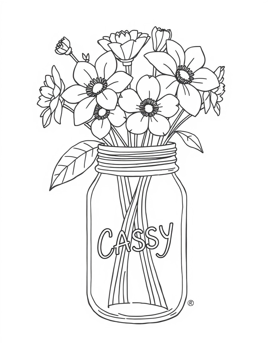 Mason jar vase with the name "CASSY" on the vase and simple flowers in the vase