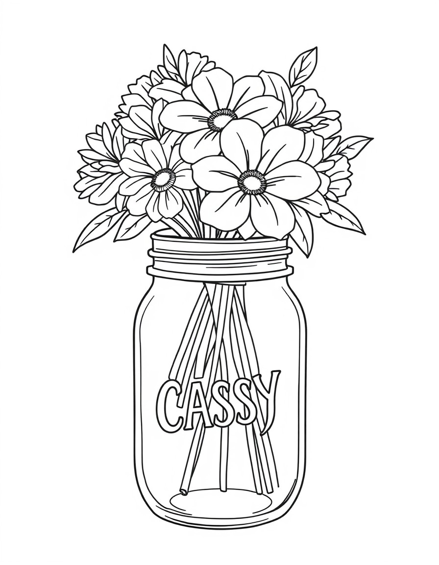Mason jar vase with the name "CASSY" on the vase and simple flowers in the vase