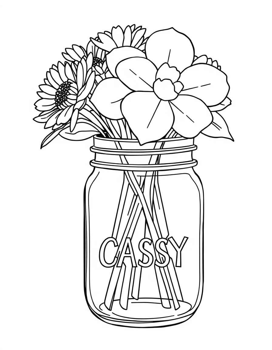 Mason jar vase with the name "CASSY" on the vase and simple flowers in the vase