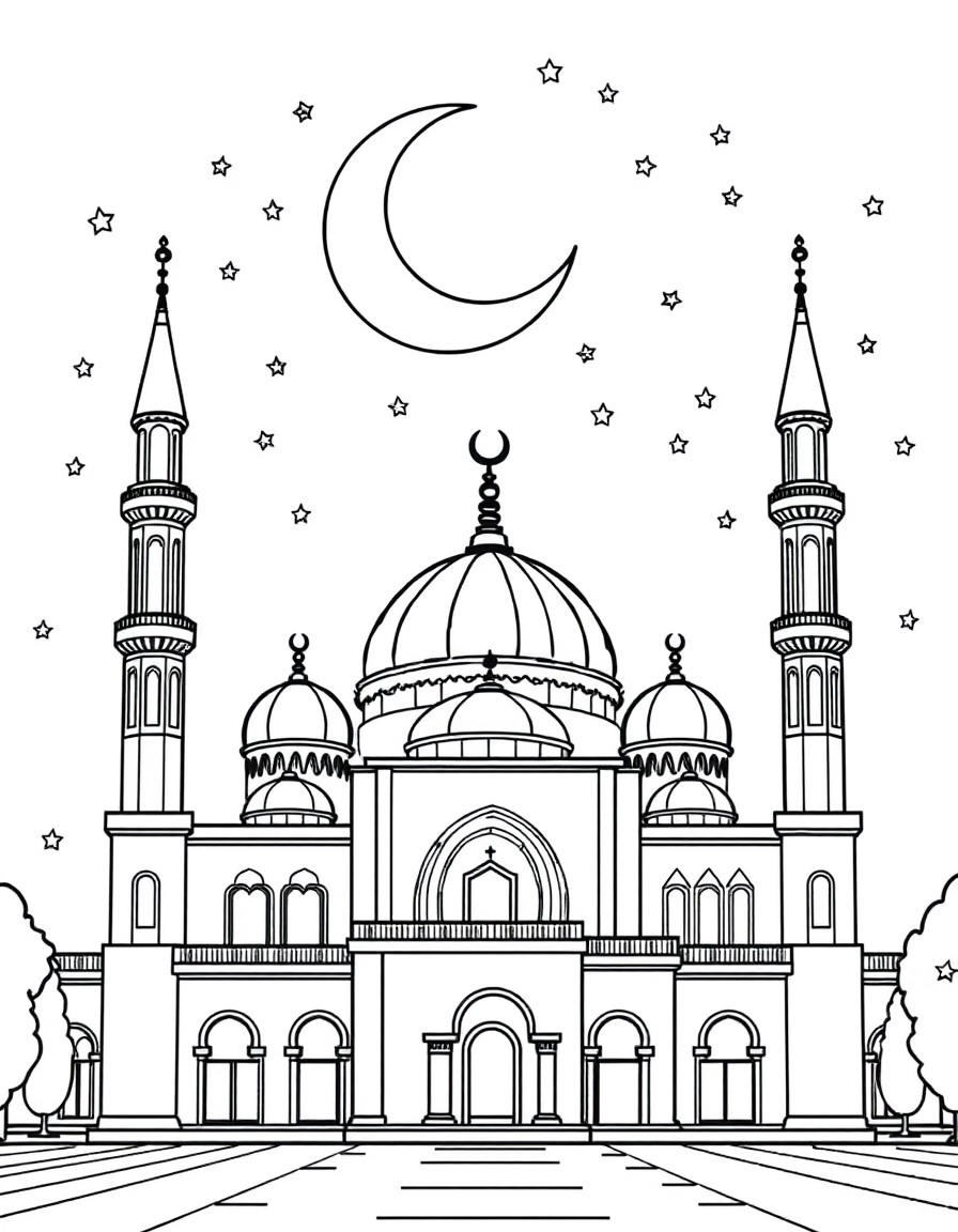 Mosque with Islamic moon and stars in the background