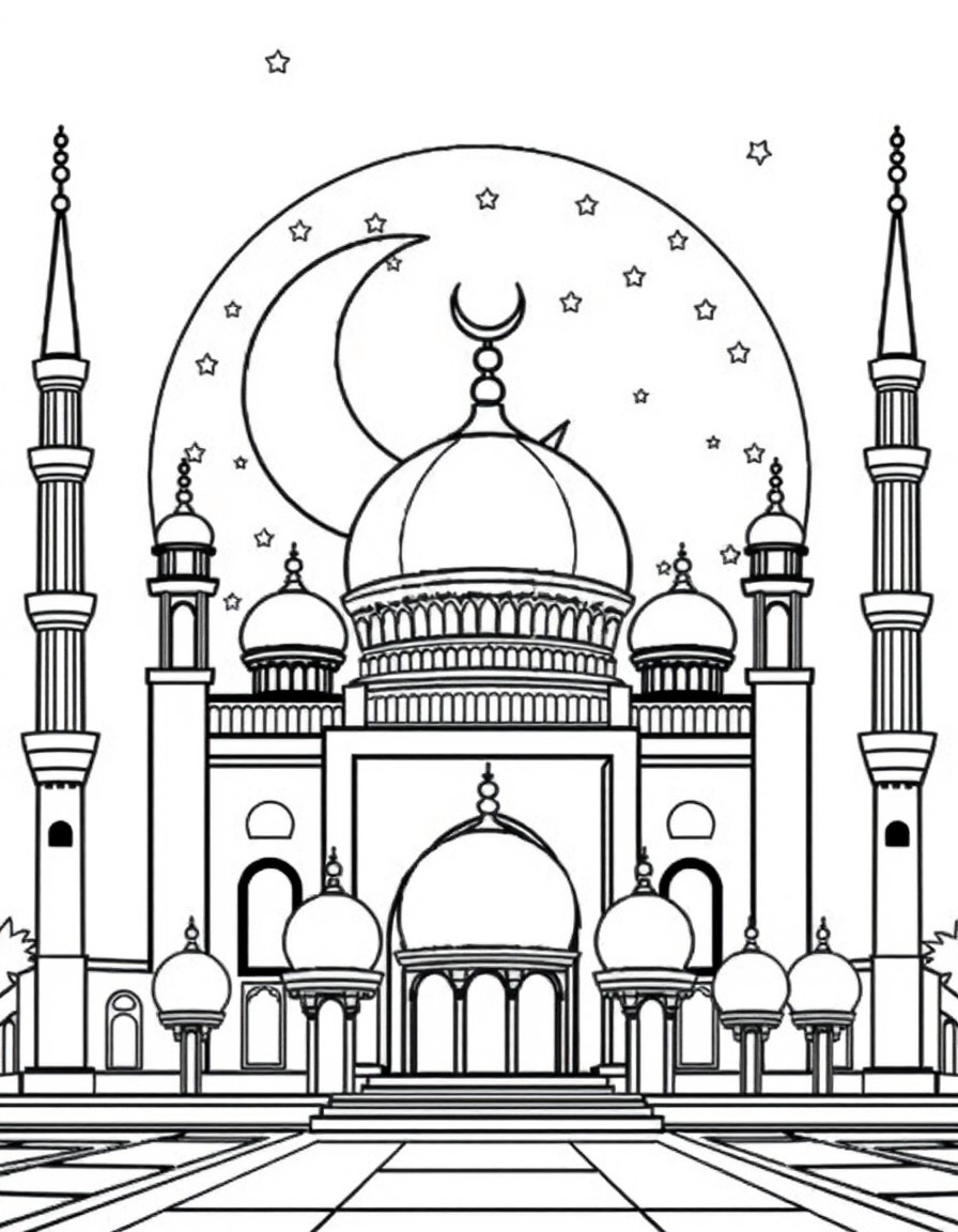 Mosque with Islamic moon and stars in the background