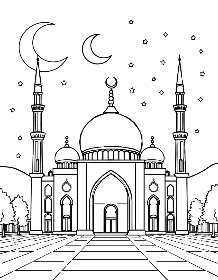 Mosque with Islamic moon and stars in the background