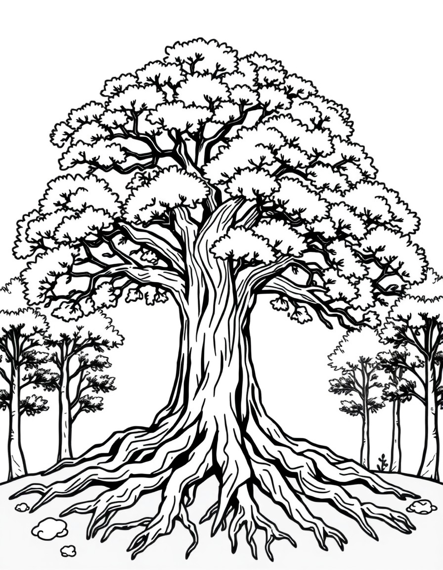 Large tree with powerful roots thick trunk and many branches tree of wisdom. The roots should rise above the surface of the soil and be large enough for words to be written into.