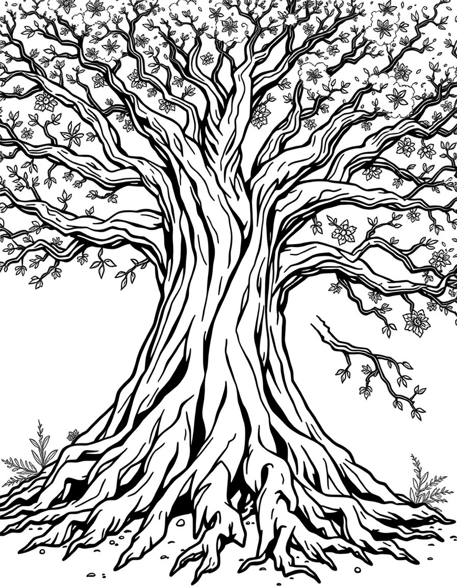 Large tree with powerful roots thick trunk and many branches tree of wisdom. The roots should rise above the surface of the soil and be large enough for words to be written into.