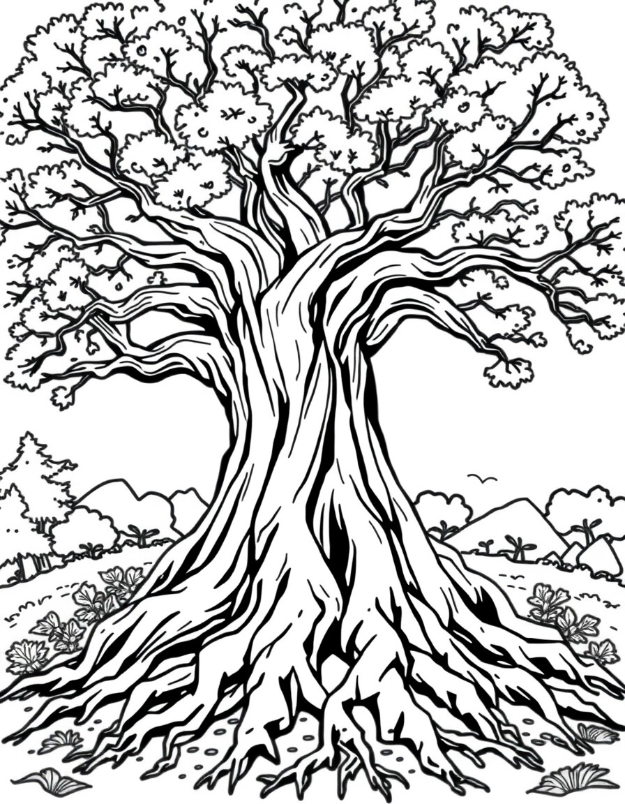 Large tree with powerful roots thick trunk and many branches tree of wisdom. The roots should rise above the surface of the soil and be large enough for words to be written into.