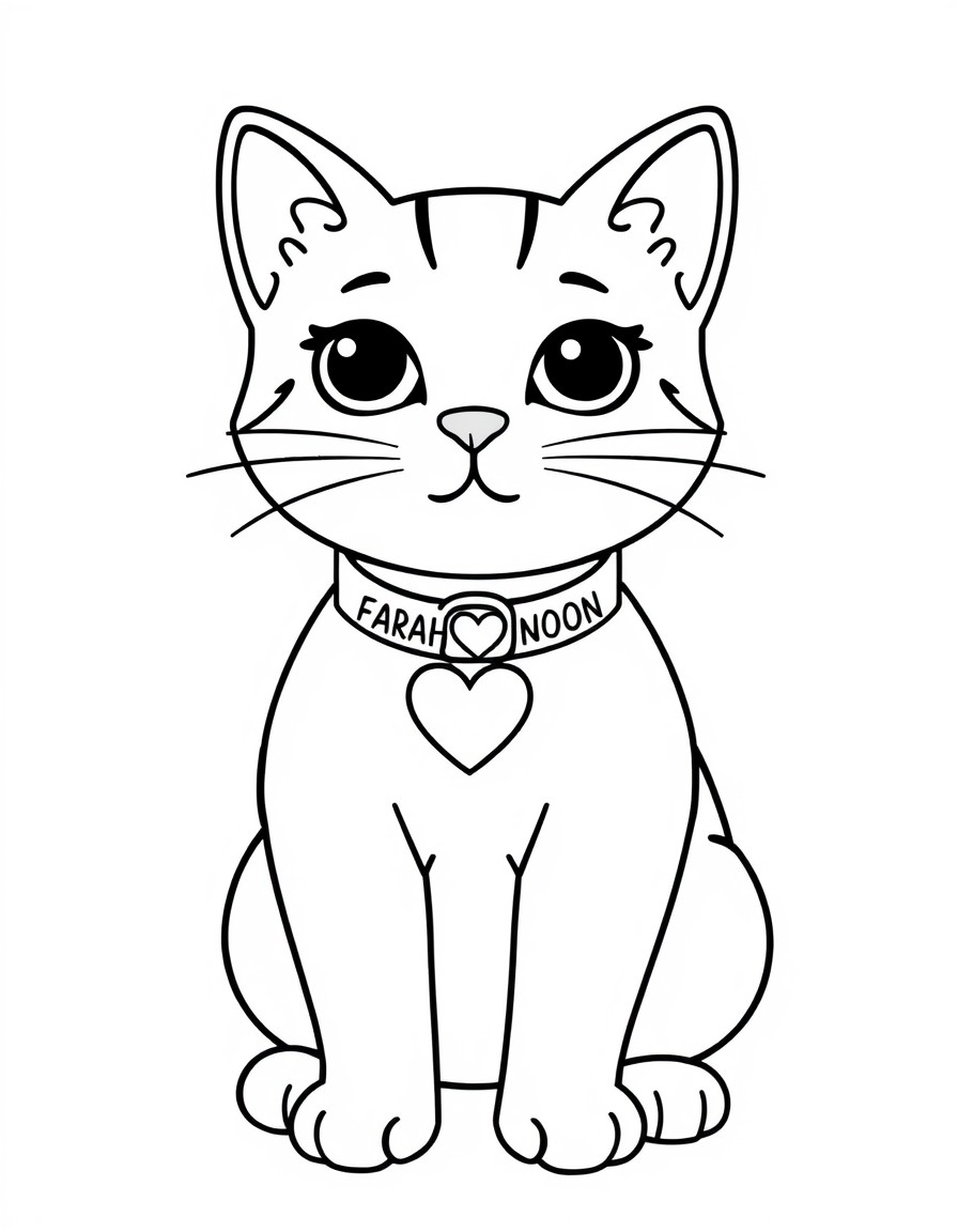 A Cute cat with a collar that has the names 'FARAH AND NOON' with a heart on it