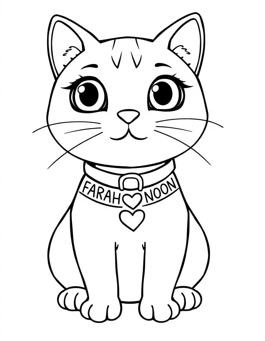 A Cute cat with a collar that has the names 'FARAH AND NOON' with a heart on it