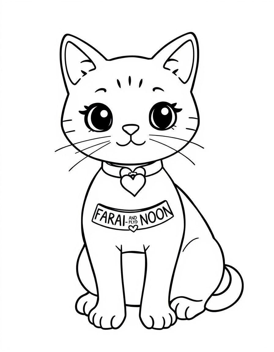 A Cute cat with a collar that has the names 'FARAH AND NOON' with a heart on it