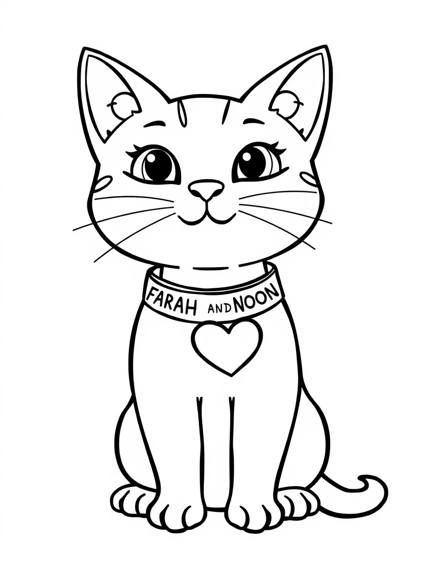 A Cute cat with a collar that has the names 'FARAH AND NOON' with a heart on it