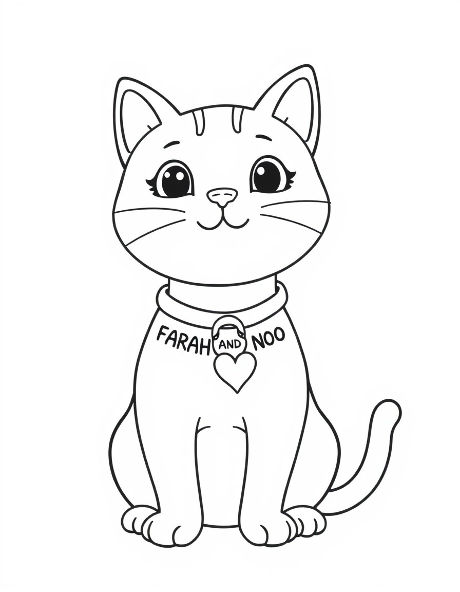 A cute cat with a collar that has the names 'FARAH AND NOON' with a heart