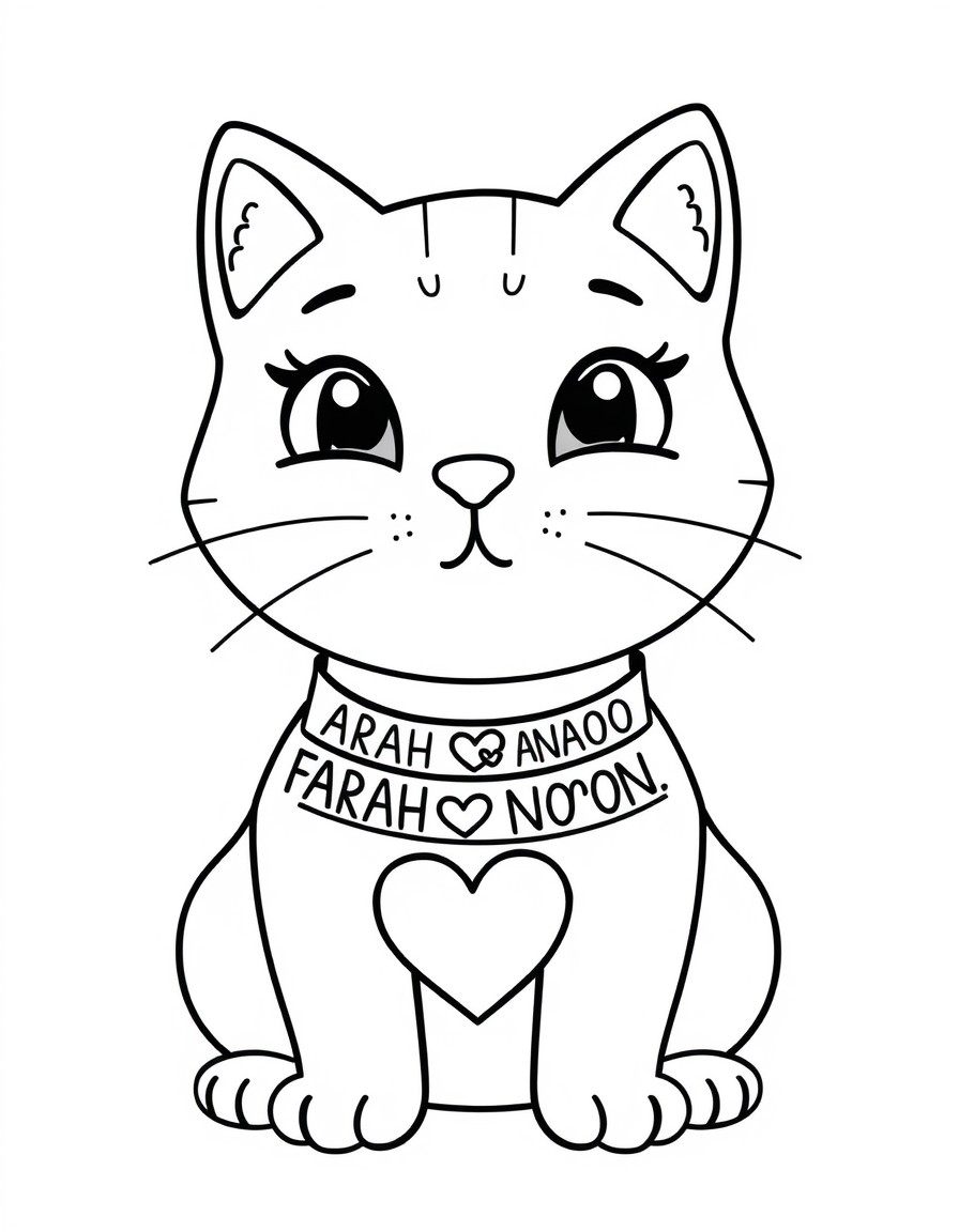 A cute cat with a collar that has the names 'FARAH AND NOON' with a heart