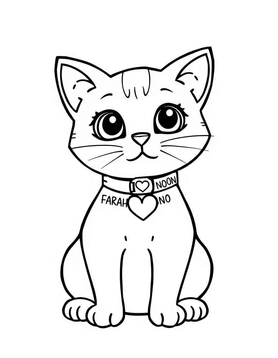 A cute cat with a collar that has the names 'FARAH AND NOON' with a heart