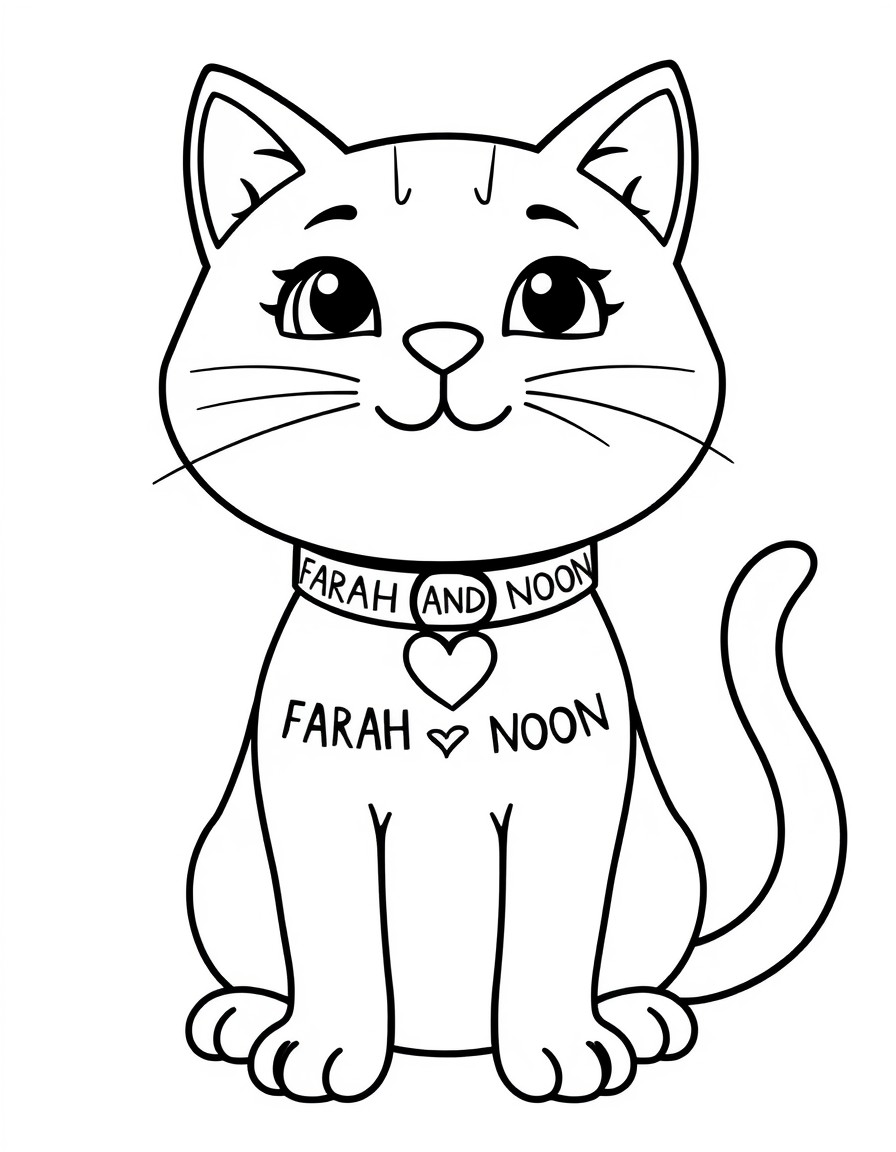 A cute cat with a collar that has the names 'FARAH AND NOON' with a heart