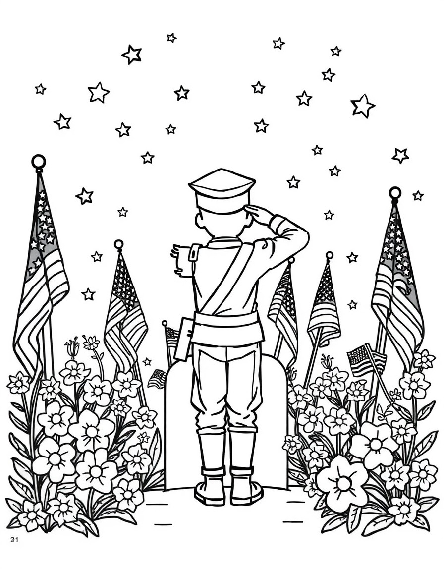 Black and white coloring page showing a respectful Memorial Day scene. Include American flags, stars, flowers, and a soldier saluting. Kid-friendly and simple outlines, no text.