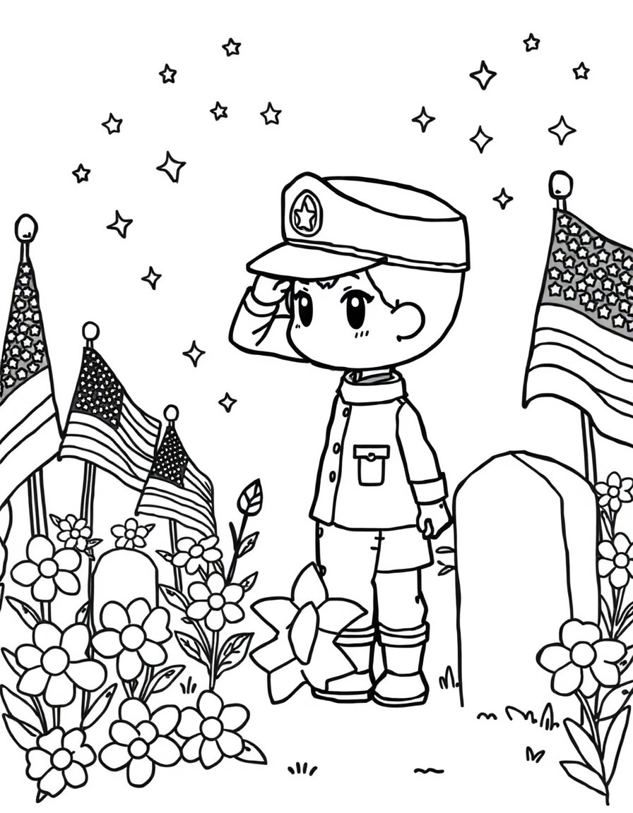Black and white coloring page showing a respectful Memorial Day scene. Include American flags, stars, flowers, and a soldier saluting. Kid-friendly and simple outlines, no text. Chibi Style"