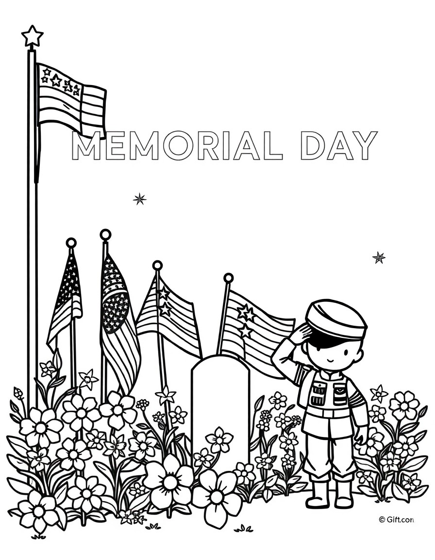 Black and white coloring page showing a respectful Memorial Day scene. Include American flags, stars, flowers, and a soldier saluting. Kid-friendly and simple outlines, no text. Chibi Style"