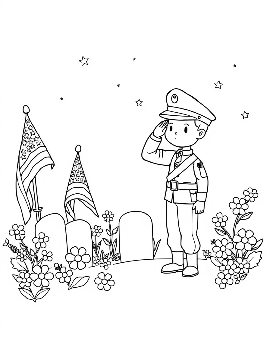 Black and white coloring page showing a respectful Memorial Day scene. Include American flags, stars, flowers, and a soldier saluting. Kid-friendly and simple outlines, no text. Chibi Style"