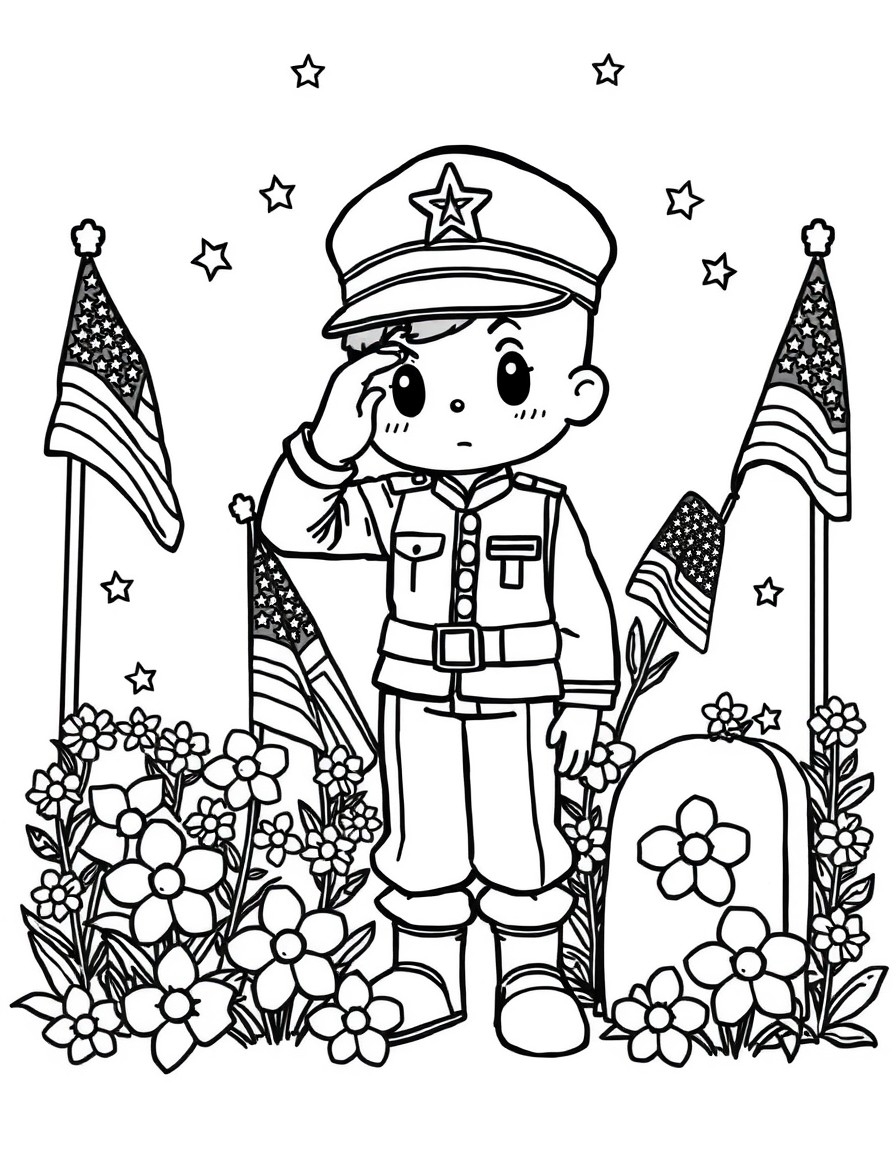 Black and white coloring page showing a respectful Memorial Day scene. Include American flags, stars, flowers, and a soldier saluting. Kid-friendly and simple outlines, no text. Chibi Style"
