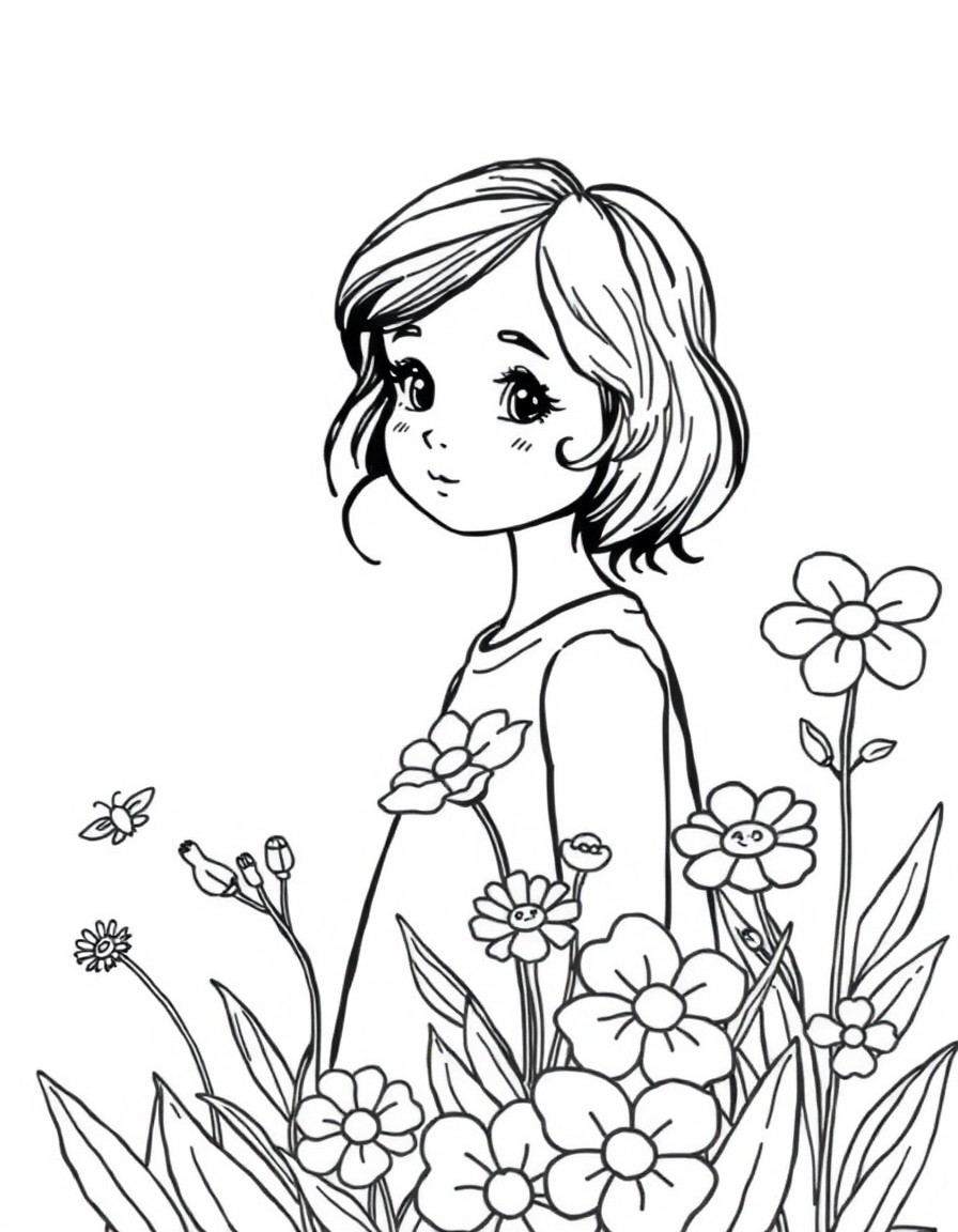 Flowers with girl colour full pic