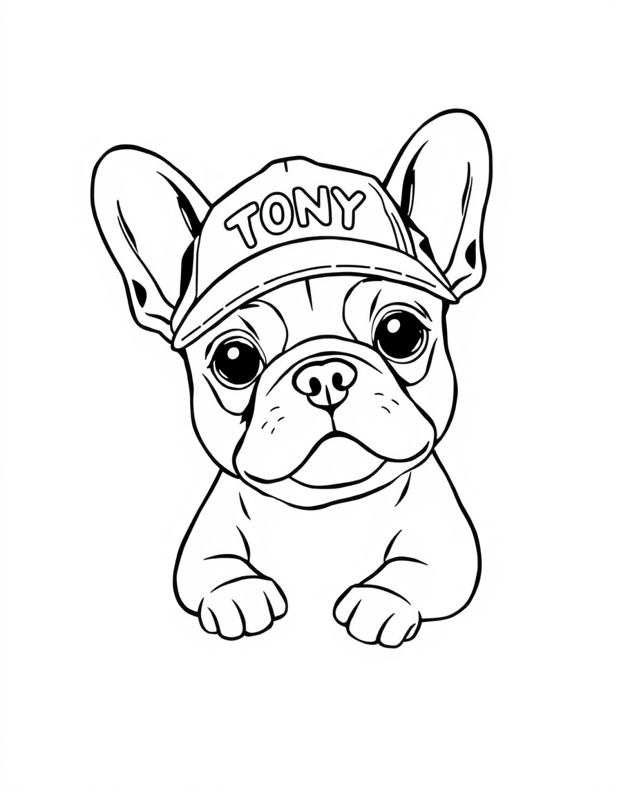 A cute frenchie with a cap that has the name 'TONY' on it