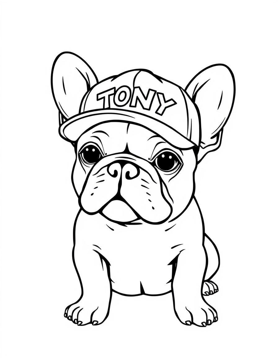 A cute frenchie with a cap that has the name 'TONY' on it