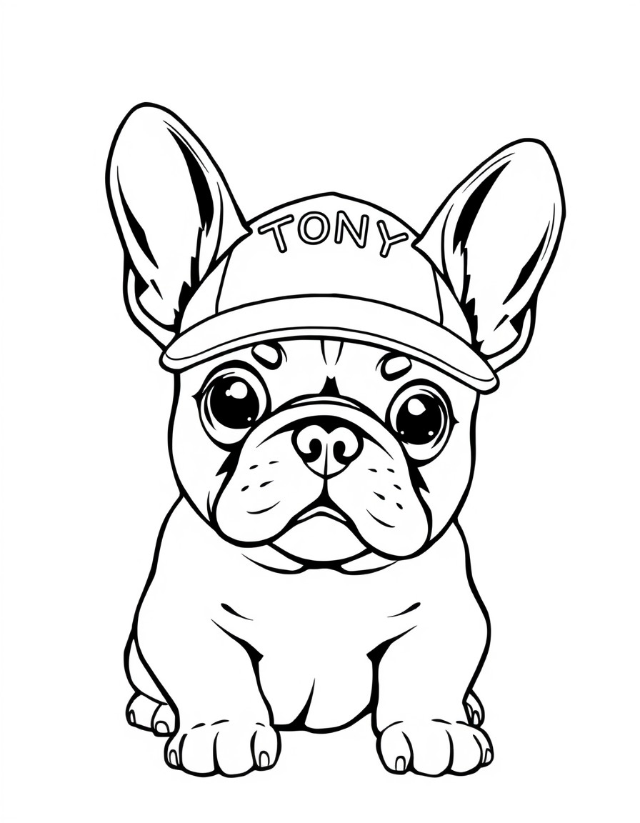 A cute frenchie with a cap that has the name 'TONY' on it