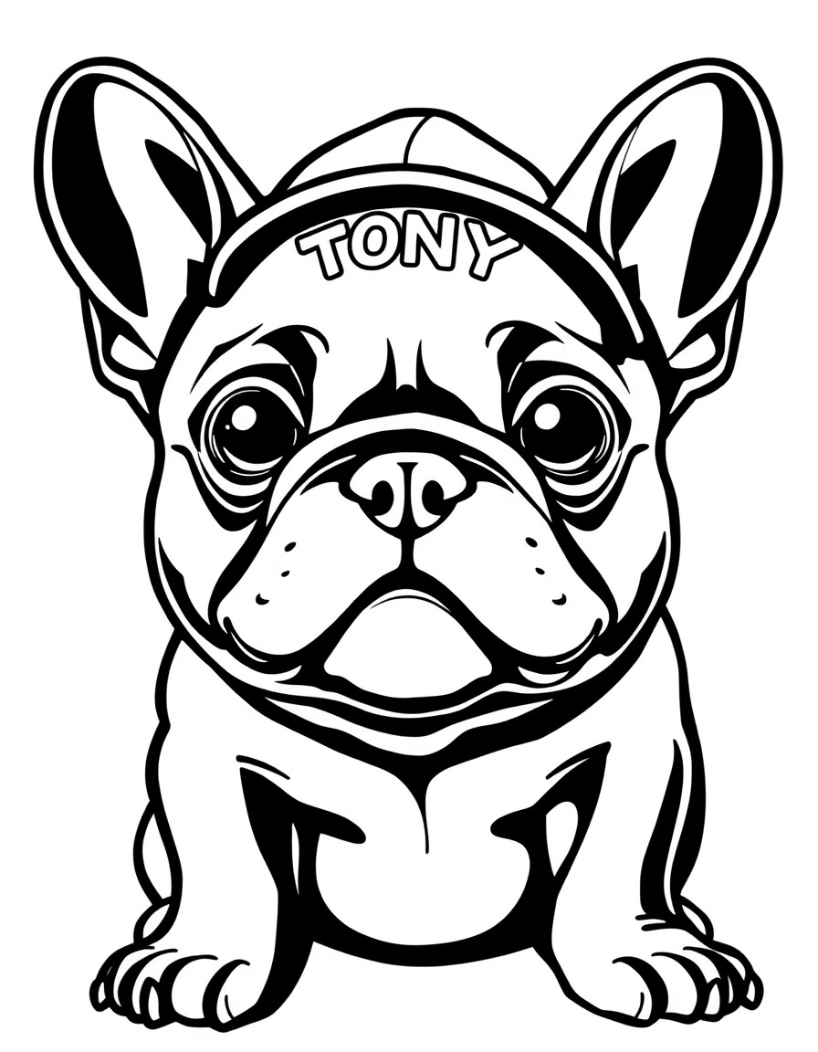 A cute frenchie with a cap that has the name 'TONY' on it