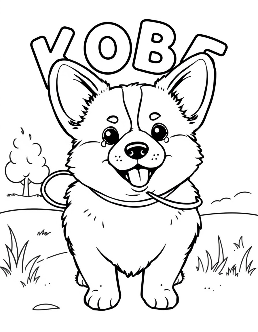 A cute corgi with the word 'KOBE' above him going for a walk