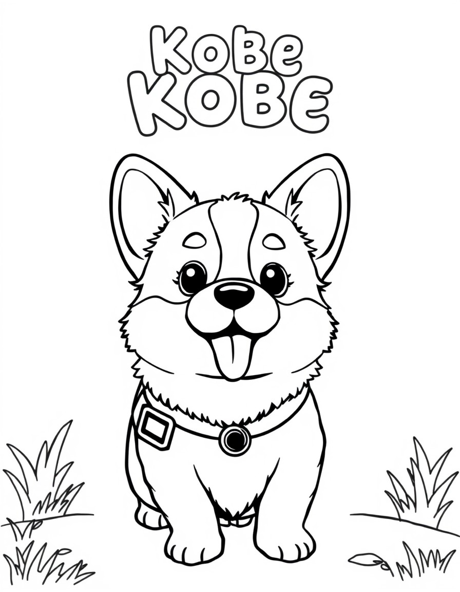 A cute corgi with the word 'KOBE' above him going for a walk