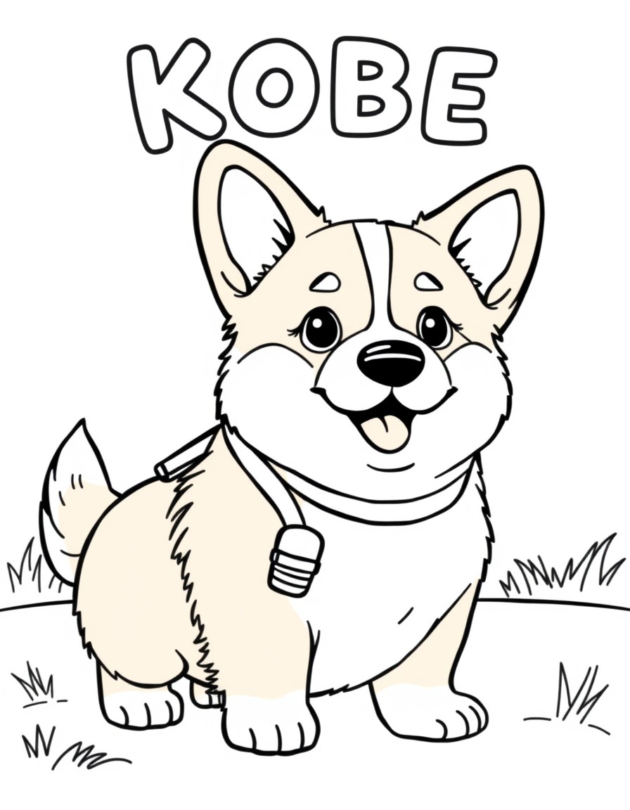 A cute corgi with the word 'KOBE' above him going for a walk