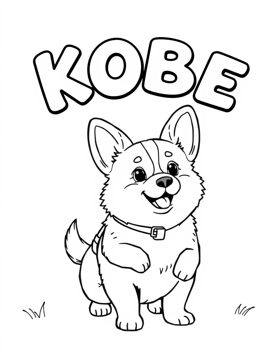 A cute corgi with the word 'KOBE' above him going for a walk