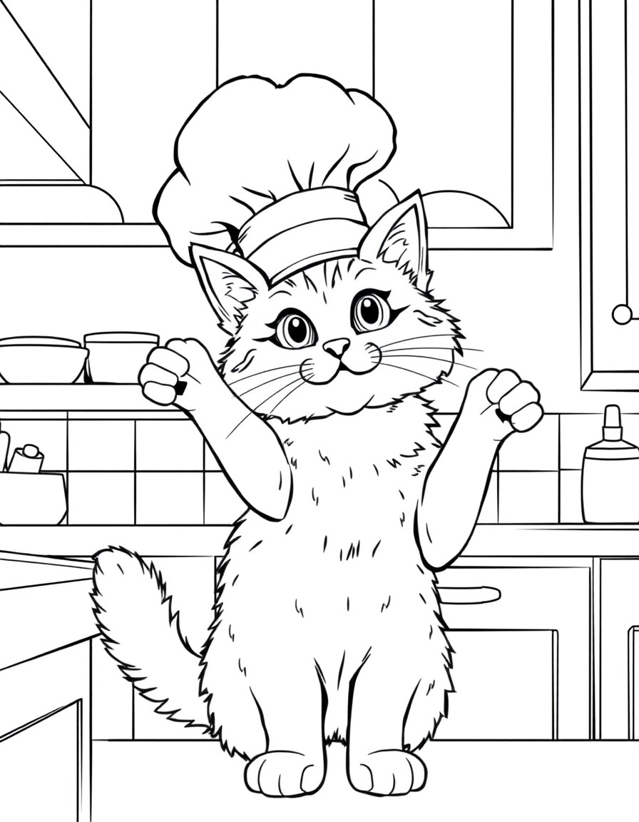 Chef Mittens, a fluffy ginger cat, standing on his hind legs by a kitchen counter. He's wearing a large chef hat slightly askew. His eyes are wide with excitement, and one paw is gesturing grandly. Ma