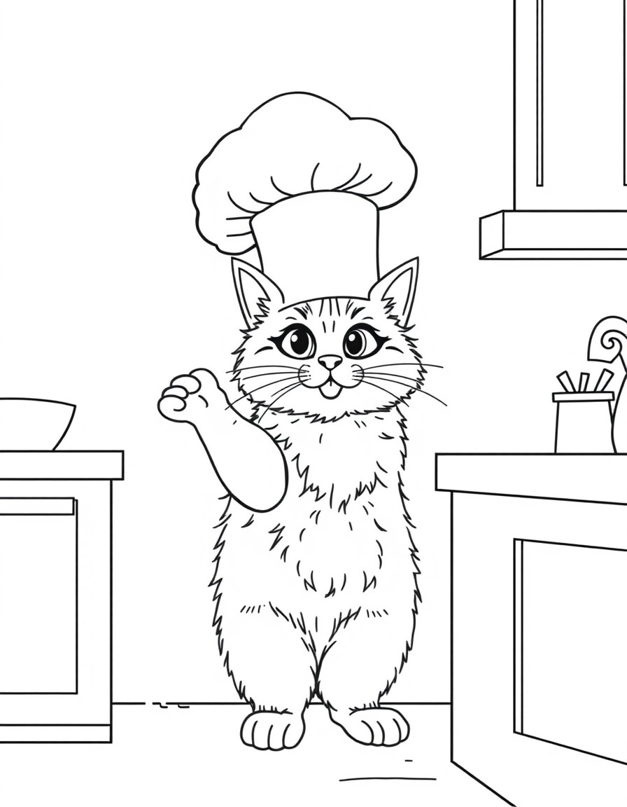 Chef Mittens, a fluffy ginger cat, standing on his hind legs by a kitchen counter. He's wearing a large chef hat slightly askew. His eyes are wide with excitement, and one paw is gesturing grandly. Ma