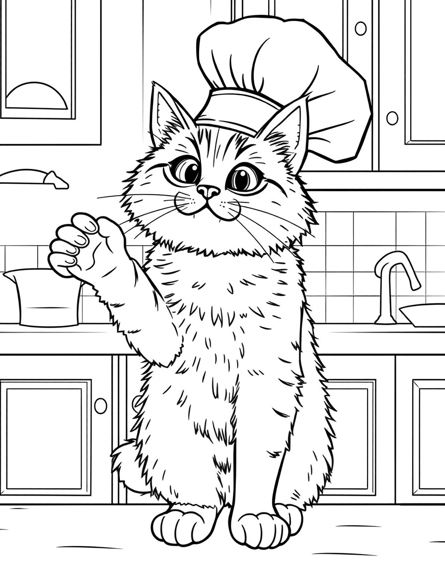 Chef Mittens, a fluffy ginger cat, standing on his hind legs by a kitchen counter. He's wearing a large chef hat slightly askew. His eyes are wide with excitement, and one paw is gesturing grandly. Ma