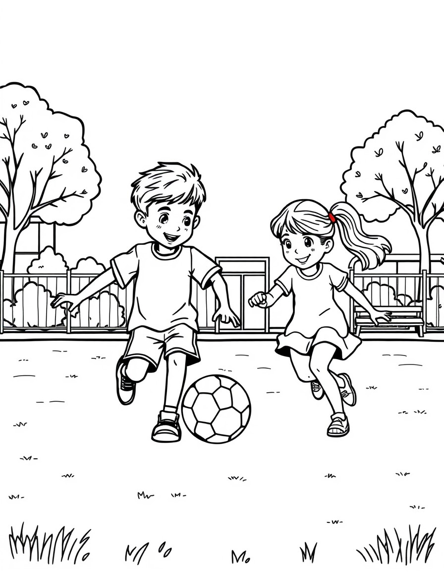 a boy and girl are playing football on the school playground