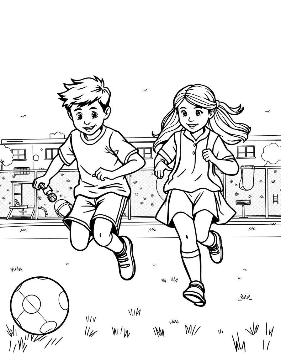 a boy and girl are playing football on the school playground