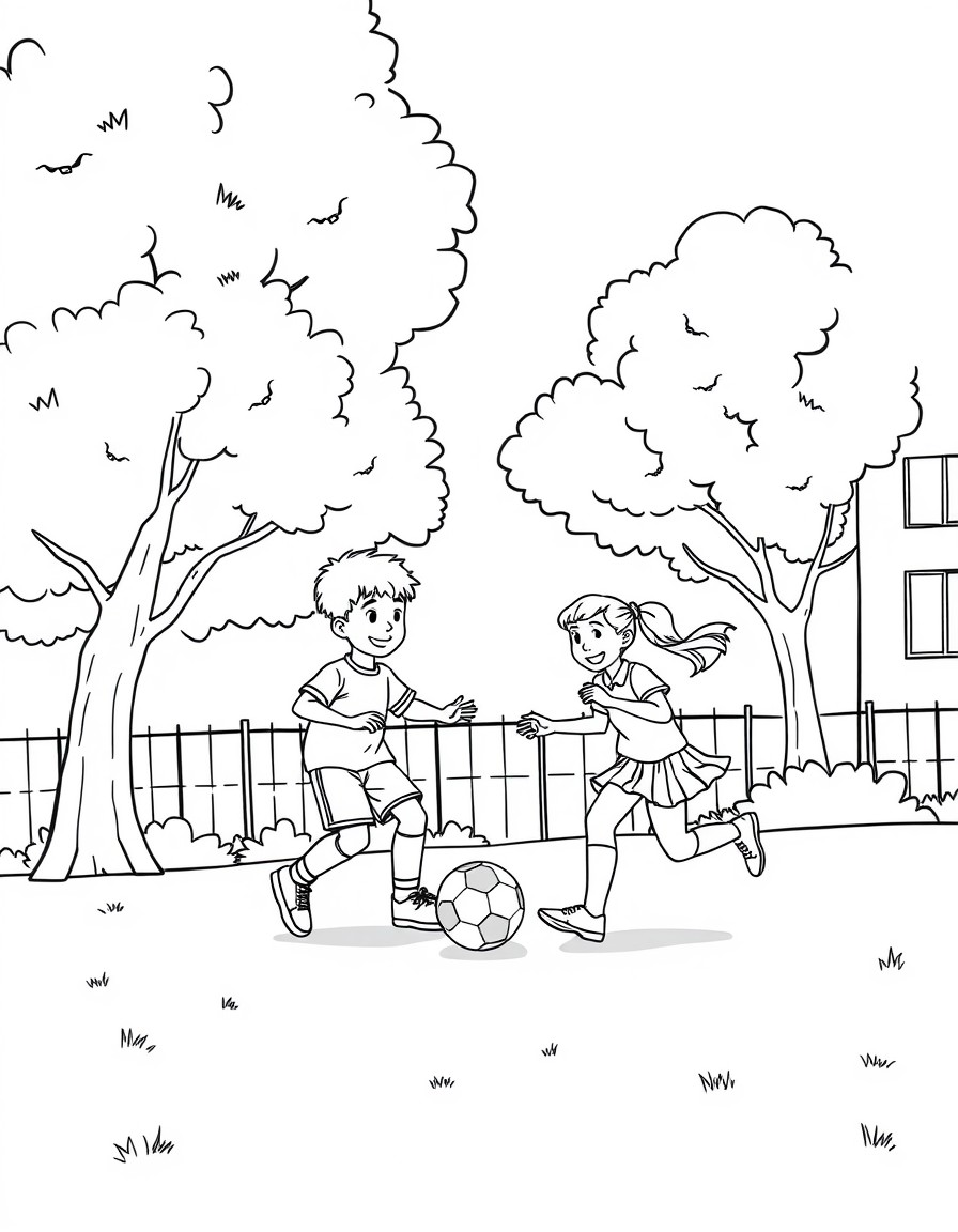 a boy and girl are playing football on the school playground