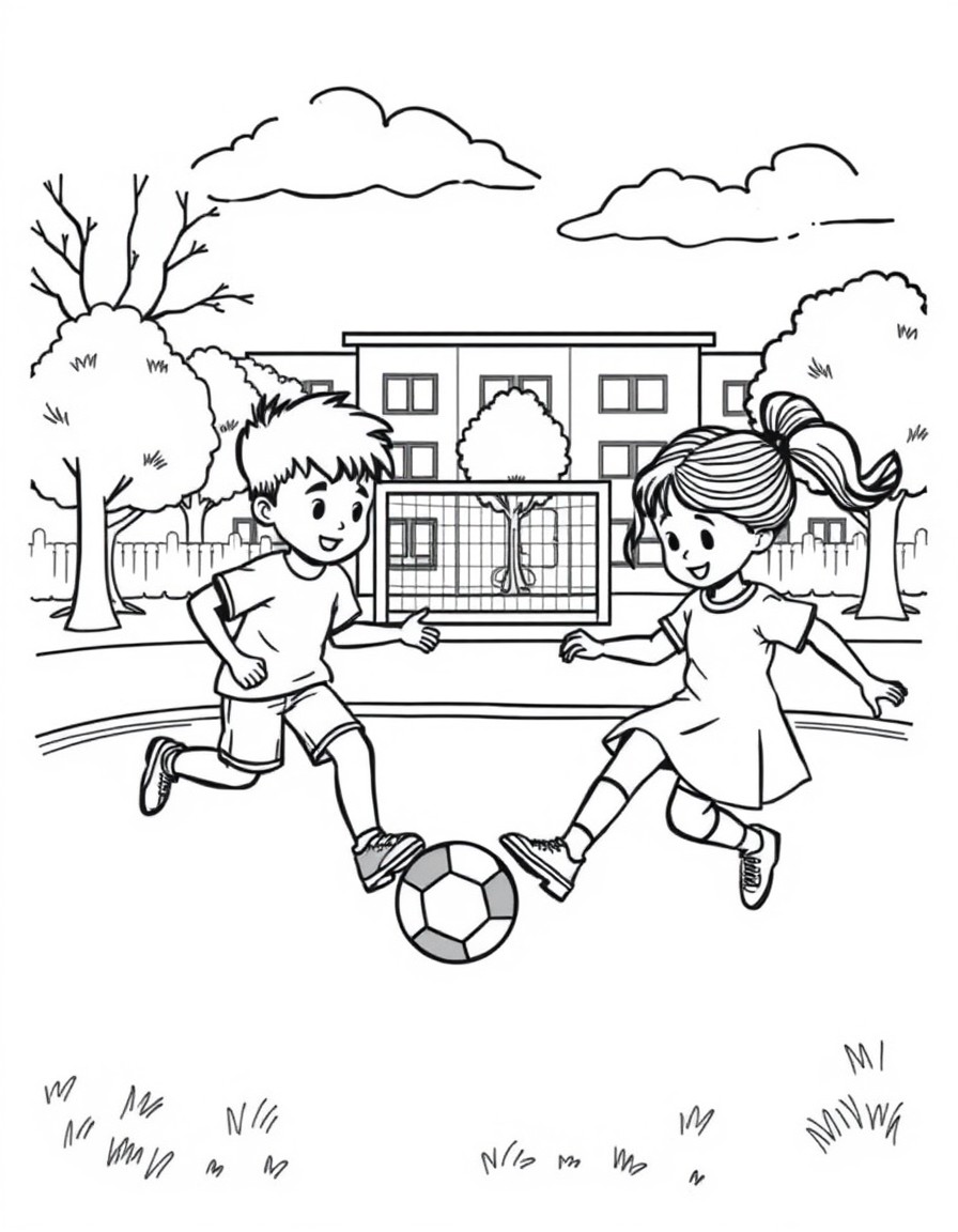 a boy and girl are playing football on the school playground