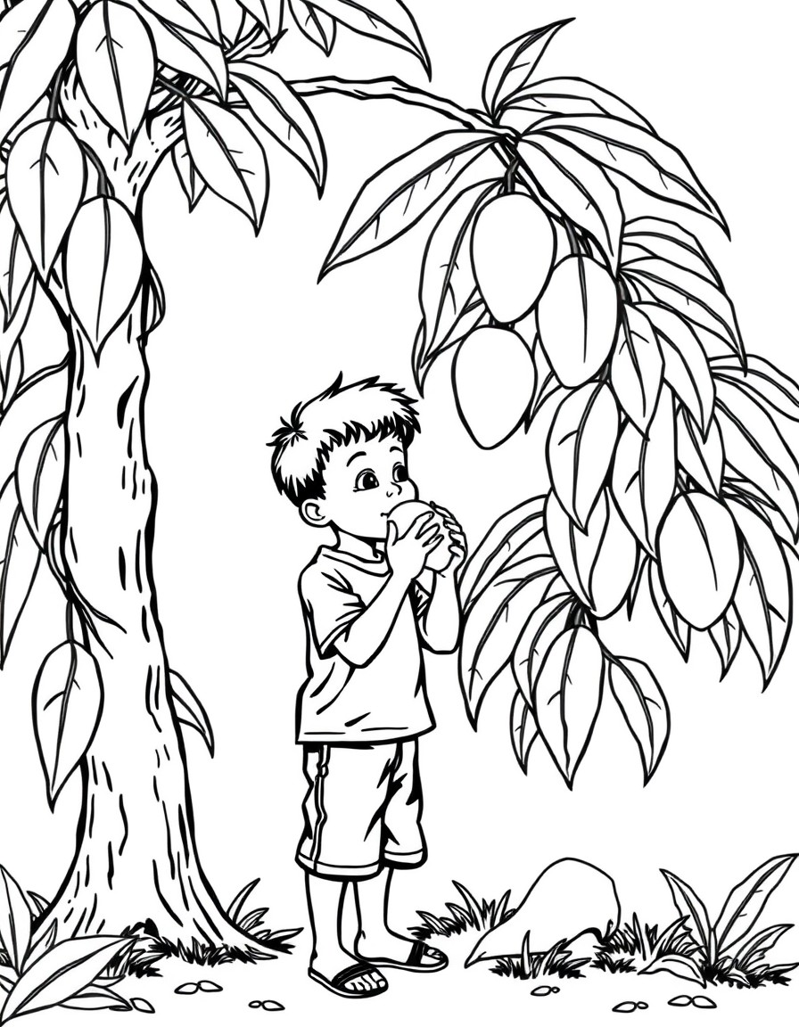 a boy eating a mango standing near a mango tree