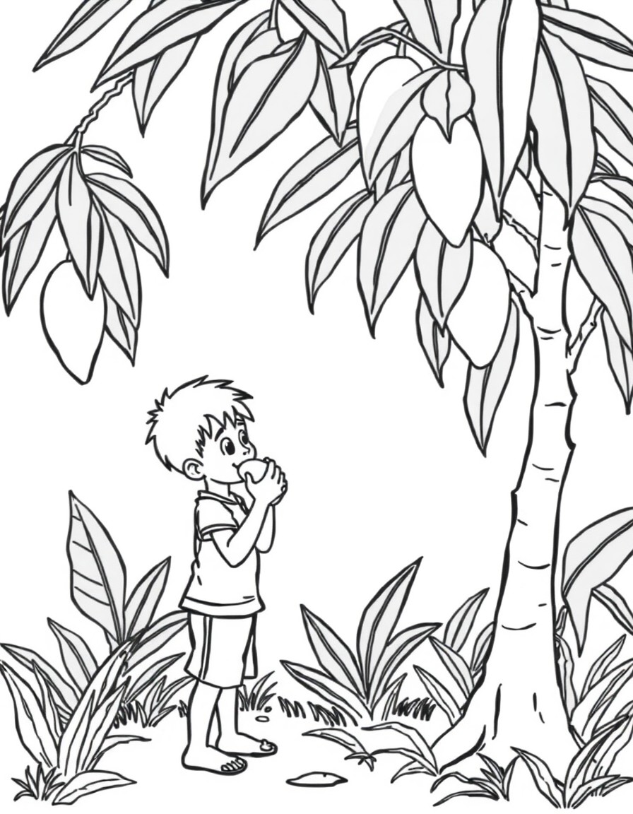 a boy eating a mango standing near a mango tree