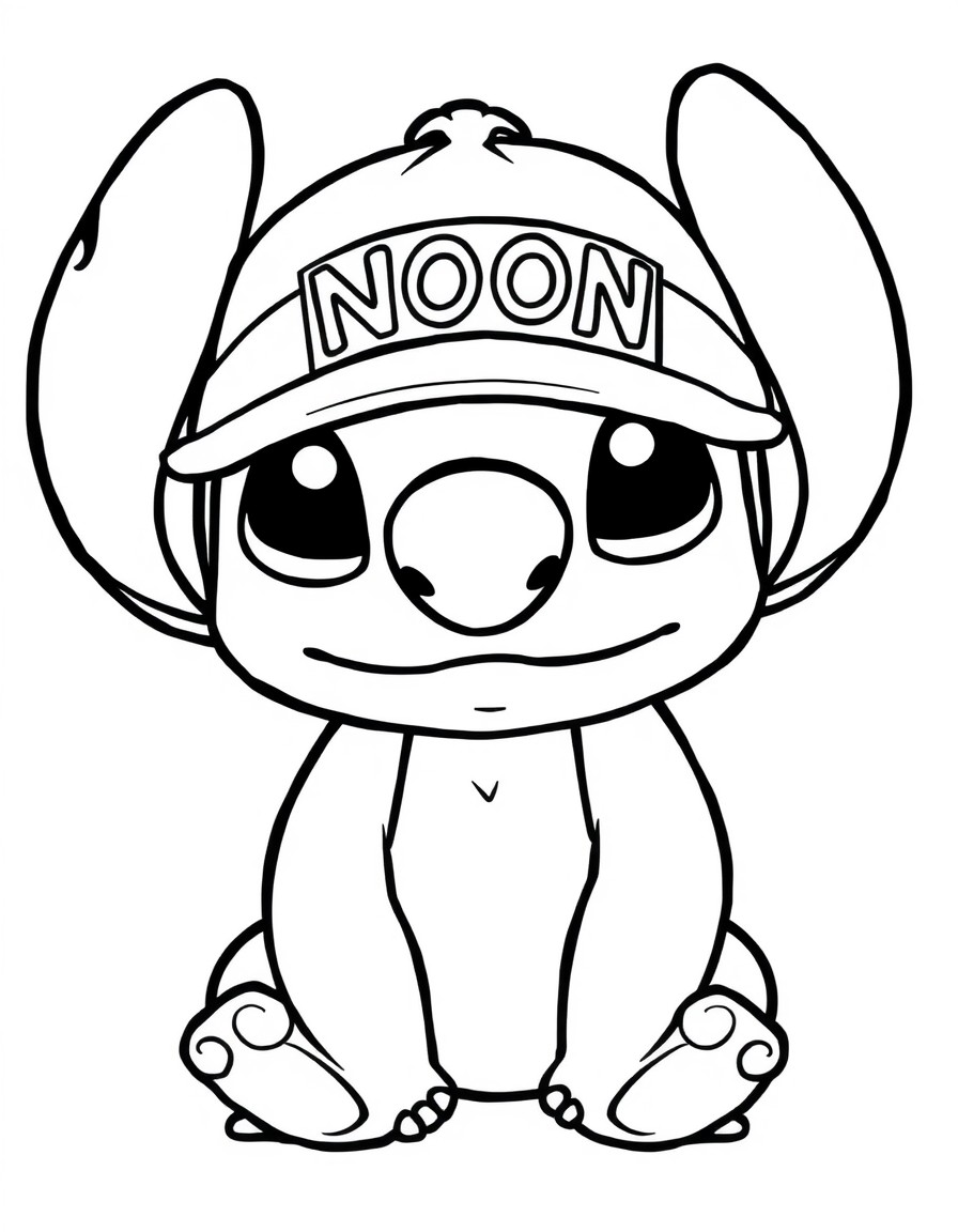 a cute stitch with a glaucous colored cap that has the name 'NOON' on it