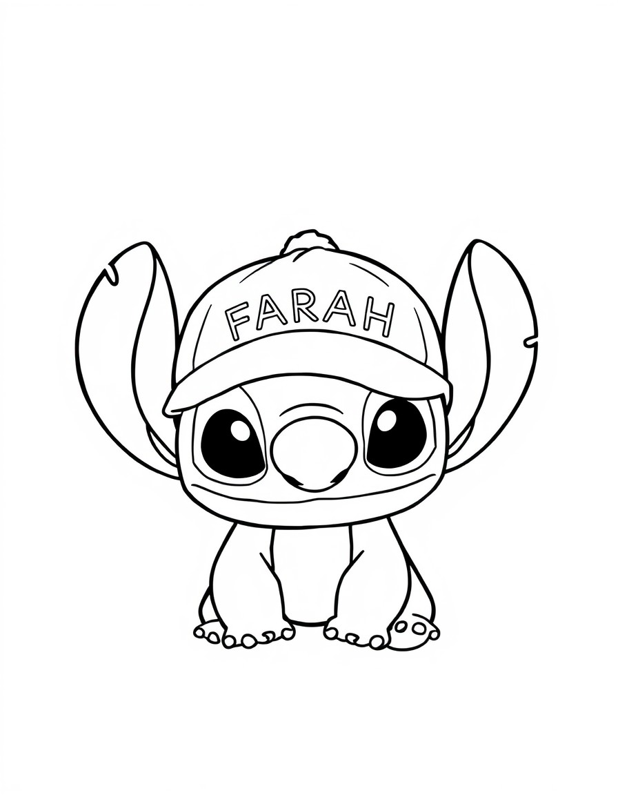 a cute stitch with a glaucous colored cap that has the name 'FARAH' on it