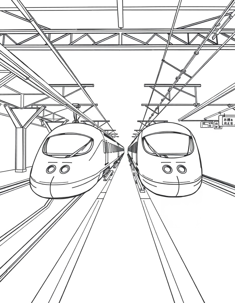 Black-and-white pencil art illustration of side view of kawaii train station showing two kawaii bullet trains modern style in opposite direction. Side view of two kawaii bullet trains ready for depart