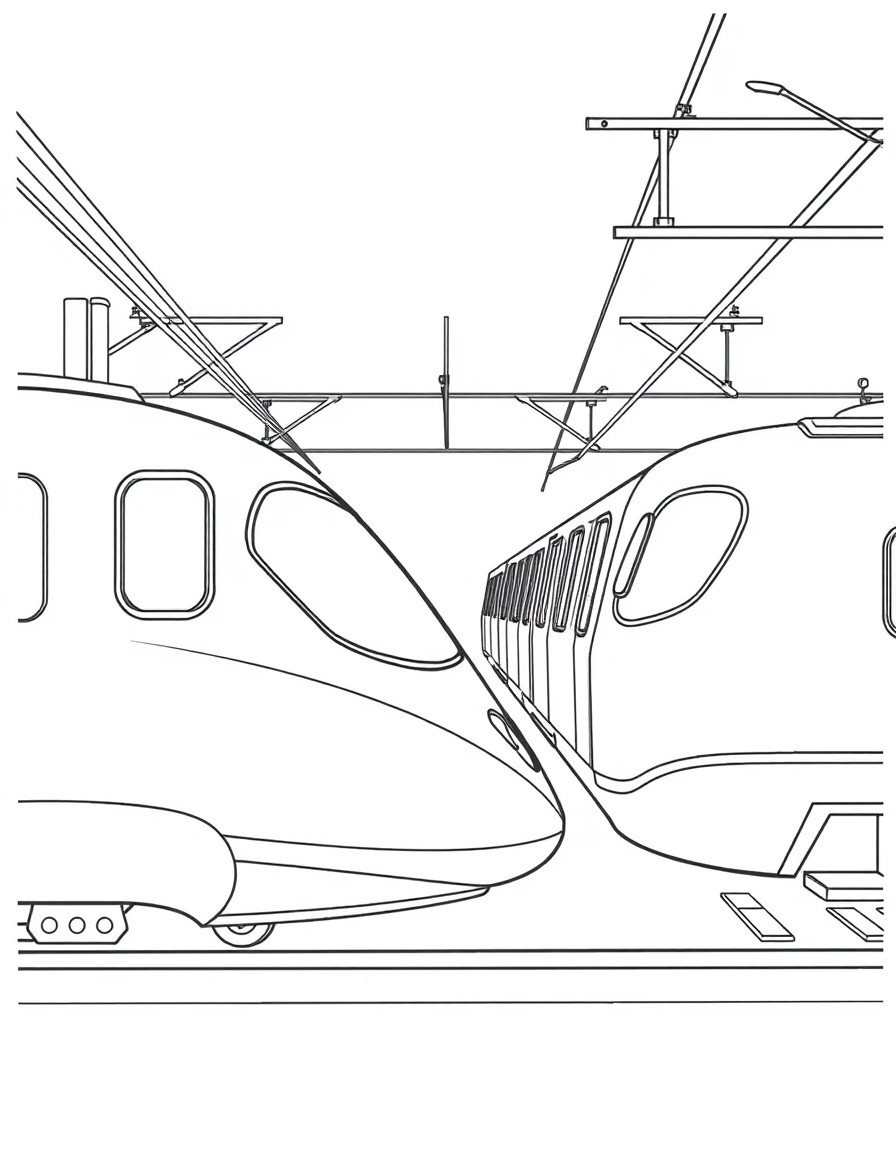 Black-and-white pencil art illustration of side view of kawaii train station showing two kawaii bullet trains modern style in opposite direction. Side view of two kawaii bullet trains ready for depart