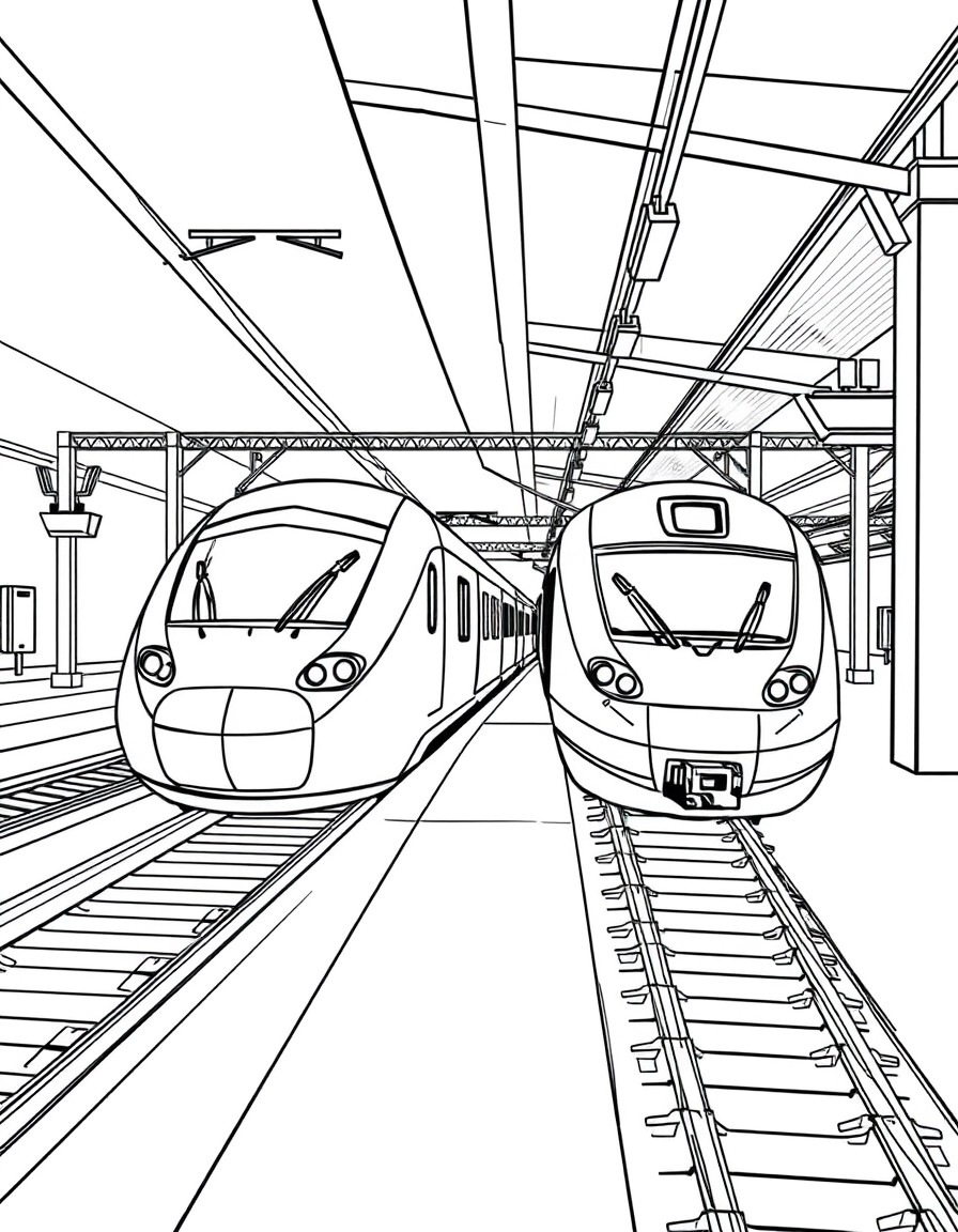 Black-and-white pencil art illustration of side view of kawaii train station showing two kawaii bullet trains modern style in opposite direction. Side view of two kawaii bullet trains ready for depart