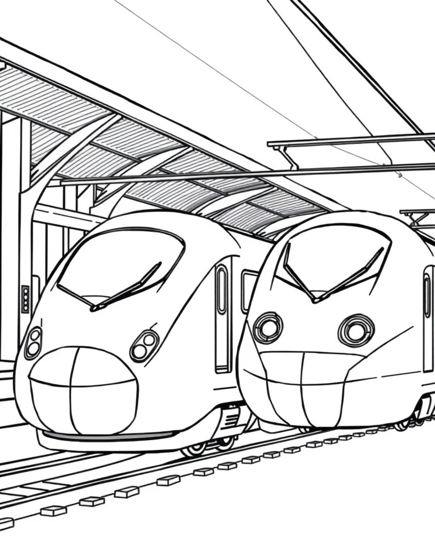 Black-and-white pencil art illustration of side view of kawaii train station showing two kawaii bullet trains modern style in opposite direction. Side view of two kawaii bullet trains ready for depart