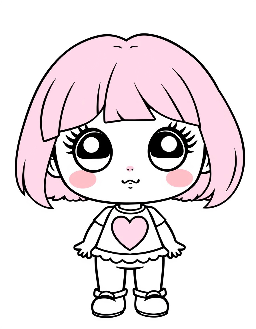 illustration of kawaii Love heart face kawaii girl doll standing protrait large round eyes framed by long rounded eyelashes without eyebrows. Pink Lips. Pink hair with a pink fringe covering her foreh