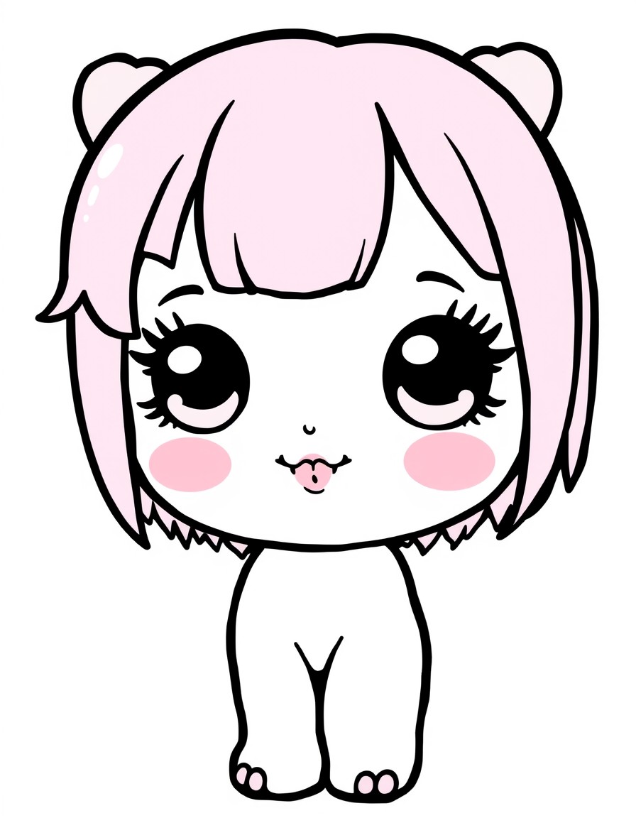 illustration of kawaii Love heart face kawaii girl doll standing protrait large round eyes framed by long rounded eyelashes without eyebrows. Pink Lips. Pink hair with a pink fringe covering her foreh